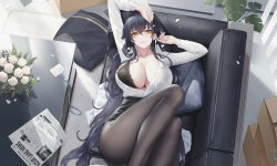 Rule 34 | 1girl, absurdres, alexiel (pixiv6211566), arm up, azuma (azur lane), azur lane, black bra, black hair, black pantyhose, black skirt, box, bra, breasts, cardboard box, cleavage, commentary request, couch, cropped, from above, high heels, highres, large breasts, legs, looking at viewer, lying, manjuu (azur lane), office lady, on back, pantyhose, paper, pillow, plant, potted plant, shirt, skirt, smile, solo, underwear, white shirt, yellow eyes