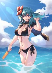 Rule 34 | 1girl, artist name, bikini, black bikini, blue eyes, blue hair, blue sky, blush, breasts, byleth (female) (fire emblem), byleth (female) (summer) (fire emblem), byleth (fire emblem), cleavage, cloud, day, fire emblem, fire emblem: three houses, fire emblem heroes, flower, food, hair flower, hair ornament, holding, large breasts, long hair, looking back, medium breasts, navel, nintendo, official alternate costume, outdoors, parted lips, phrecklesart, popsicle, sky, smile, solo, standing, swimsuit, thighs, wading, water