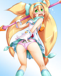 Rule 34 | 1girl, ass, back-print panties, bare shoulders, blazblue, blonde hair, blue bow, blue hairband, blue ribbon, blush, bow, dokkanohukukaityou, gloves, hair between eyes, hair ribbon, hairband, heart, heart-shaped pupils, open mouth, panties, pink panties, platinum the trinity, print panties, ribbon, solo, symbol-shaped pupils, twintails, underwear, upskirt, white gloves