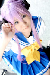 Rule 34 | cosplay, hair ribbon, hiiragi kagami, hitachi fuyuki, lucky star, photo (medium), purple hair, ribbon, sailor, school uniform, serafuku, twintails