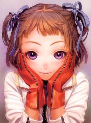Rule 34 | 1girl, absurdres, artist name, blush, close-up, clothes writing, eyebrows, forehead, fur-trimmed jacket, fur trim, gloves, gradient background, hair ribbon, hands on own cheeks, hands on own face, highres, jacket, last exile, lips, long sleeves, looking at viewer, murata range, nose blush, open clothes, open jacket, purple background, purple ribbon, red gloves, ribbon, scan, short hair, smile, solo, two side up, unzipped, upper body, white jacket, zipper