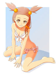 Rule 34 | 1girl, barefoot, bikini, breasts, brown eyes, brown hair, cleavage, collarbone, creatures (company), frilled bikini, frills, full body, game freak, groin, hair ornament, jasmine (pokemon), long hair, looking at viewer, nintendo, parted lips, pavelnedved11, pokemon, pokemon gsc, sitting, small breasts, solo, swimsuit, twintails, two side up, wariza, white bikini