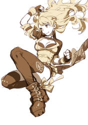 Rule 34 | 1girl, ankle boots, ask (askzy), blonde hair, boots, brown eyes, brown thighhighs, full body, gloves, long hair, looking away, rwby, shorts, simple background, sketch, smile, solo, thighhighs, yang xiao long