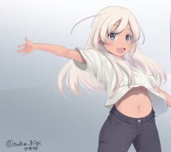 Rule 34 | 1girl, alternate costume, black pants, blonde hair, blue eyes, cowboy shot, grey background, highres, kantai collection, long hair, looking at viewer, navel, neko no hige, one-hour drawing challenge, one-piece tan, outstretched arms, pants, ro-500 (kancolle), shirt, smile, solo, t-shirt, tan, tanline, twitter username, white shirt