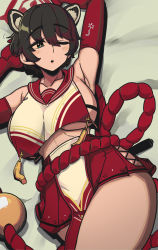 Rule 34 | 1girl, absurdres, animal ears, arm guards, armpits, black hair, blue archive, breast curtain, breasts, elbow gloves, gloves, halo, highres, huge breasts, lying, masgamjya, on back, on bed, pelvic curtain, red gloves, red sailor collar, red skirt, revealing clothes, rope, rope belt, sailor collar, sideboob, sideless outfit, skirt, solo, tabard, tassel, tsubaki (blue archive), two-tone shirt, underboob