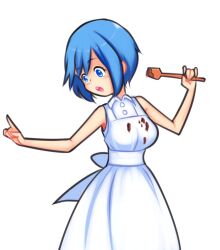 Rule 34 | 1girl, apron, blue eyes, blue hair, blush, bow, breasts, chocolate, chocolate on clothes, drantyno, food, food on clothes, holding, index finger raised, large breasts, mahou shoujo madoka magica, miki sayaka, open mouth, shirt, short hair, sleeveless, spoon, standing, teeth, waist bow, white apron, white background, white bow, white shirt, wooden spoon
