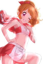 Rule 34 | &gt;:d, 1girl, :d, aikatsu!, aikatsu! (series), bare arms, bare shoulders, blush, breasts, cheerleader, cowboy shot, hand on own hip, highres, jacket, leg up, looking at viewer, midriff, navel, one eye closed, ozora akari, open mouth, orange hair, pink eyes, ponytail, sekina, simple background, sketch, skirt, small breasts, smile, solo, sunlight, unworn jacket, v-shaped eyebrows, white background