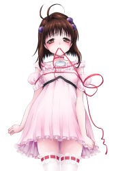Rule 34 | 1girl, ahoge, brown eyes, brown hair, choker, hair intakes, highres, jako (toyprn), mouth hold, pink skirt, reala (tales), red ribbon, ribbon, ribbon in mouth, short hair, simple background, skirt, solo, tales of (series), tales of destiny 2, thighhighs, white background