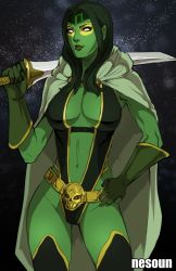 Rule 34 | 1girl, alien, breasts, center opening, colored skin, facepaint, gamora, gloves, green hair, green skin, guardians of the galaxy, leotard, lips, long hair, marvel, marvel cinematic universe, navel, nesoun, slingshot swimsuit, solo, space, swimsuit, sword, weapon