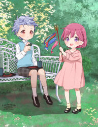 Rule 34 | 1boy, 1girl, aged down, bench, black footwear, blue sweater vest, blush, bob cut, collared shirt, cup, dress, dress shoes, eating, full body, grass, grey hair, grey shorts, highres, krudears, long sleeves, looking at another, mary janes, open mouth, outdoors, pink dress, pink hair, plaid, plaid shorts, protagonist (tokimemo gs3), purple eyes, red eyes, shirt, shitara seiji, shoes, short hair, shorts, sitting, smile, standing, sweater vest, tokimeki memorial, tokimeki memorial girl&#039;s side 3rd story, white shirt
