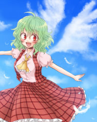 Rule 34 | 1girl, :d, ahoge, ascot, blue sky, blush, cloud, day, dress shirt, fang, feathers, female focus, green hair, happy, kazami yuuka, mokku, open mouth, outstretched arms, plaid, plaid skirt, plaid vest, red eyes, shirt, short hair, skirt, skirt set, sky, smile, solo, spread arms, touhou, vest, wavy hair, wings