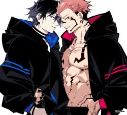 Rule 34 | 2boys, abs, aocvoooo, black hair, black nails, black pants, blue eyes, chest tattoo, collar, commentary request, extra eyes, facial tattoo, fushiguro megumi, hand in pocket, hand on another&#039;s hip, hood, hood down, jujutsu kaisen, long sleeves, looking at viewer, male focus, multiple boys, muscular, muscular male, nail polish, neck tattoo, nipples, no shirt, pants, pectorals, pink hair, red eyes, ryoumen sukuna (jujutsu kaisen), short hair, simple background, smile, spiked hair, stomach tattoo, tattoo, two-tone hoodie, undercut, upper body, veins, veiny hands, white background, yaoi