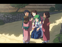Rule 34 | 1boy, 4girls, anime coloring, black hair, brown hair, cat&#039;s cradle, child, concentrating, detached sleeves, frog, green eyes, green hair, hair ornament, japanese clothes, kneeling, kochiya sanae, letterboxed, multiple girls, road, sandals, shade, snake, sweat, takuzui, touhou, wall