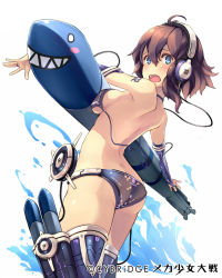 Rule 34 | 1girl, ass, bare shoulders, bikini, black bikini, blue eyes, blush, breast press, breasts, bridal gauntlets, brown hair, butt crack, copyright name, elbow gloves, foreshortening, gloves, headphones, highres, keypot, looking at viewer, md5 mismatch, mecha shoujo taisen z, official art, open mouth, short hair, sideboob, simple background, solo, swimsuit, tattoo, thighhighs, torpedo, untied, wardrobe malfunction, water, watermark, white background