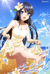 Rule 34 | 1girl, :d, absurdres, bare arms, bare legs, bare shoulders, barefoot, black hair, blush, breasts, cleavage, clothes lift, day, dress, feet, female focus, flower, hair flower, hair ornament, hairclip, happy, highres, legs, lens flare, lifted by self, long hair, looking at viewer, medium breasts, megami magazine, neck, ocean, official art, open mouth, petals, purple eyes, sakurajima mai, scan, seishun buta yarou, smile, solo, splashing, standing, standing on one leg, sun, sundress, toes, water, wet, yellow dress, yellow flower