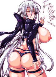 Rule 34 | 1girl, absurdres, ass, blush, bow, breasts, butt crack, from behind, hair bow, highres, huge ass, huge breasts, jacket, long hair, long sleeves, looking at viewer, misakana, nipples, ponytail, puffy nipples, red eyes, shiny clothes, shiny skin, sideboob, silver hair, simple background, smile, solo, thong, vocaloid, white background, yowane haku