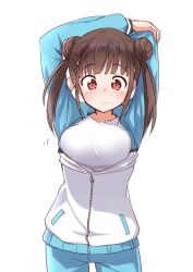 Rule 34 | 1girl, absurdres, arms up, azu ankoowl, blue pants, blush, bow, breasts, brown hair, closed mouth, collarbone, cowboy shot, dot nose, double bun, hair bow, hair bun, highres, idolmaster, idolmaster shiny colors, jacket, large breasts, long hair, long sleeves, looking down, motion lines, multicolored clothes, multicolored jacket, pants, partially unzipped, red eyes, shirt, simple background, solo, sonoda chiyoko, standing, stretching, sweatdrop, track jacket, track pants, twintails, two-tone jacket, white background, white shirt, zipper, zipper pull tab