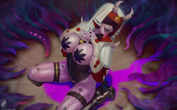 Rule 34 | 1girl, adepta sororitas, barbed tongue, blindfold, breasts, corruption, corset, demon girl, high heels, large breasts, long tongue, on floor, pasties, purity seal, purple hair, seiza, sharp teeth, short hair, sitting, smile, solo, teeth, tentacles, themaestronoob, thighhighs, thong, tongue, tongue out, variant set, warhammer 40k