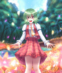 Rule 34 | 1girl, :d, arm belt, ascot, bad id, bad pixiv id, blue sky, day, field, flower, flower field, forest, green hair, happy, highres, juliet sleeves, kazami yuuka, legs together, long sleeves, looking at viewer, nature, open mouth, petals, plaid, plaid skirt, plaid vest, puffy sleeves, red eyes, shirt, short hair, skirt, sky, smile, solo, touhou, tree, vest, wendell, white shirt