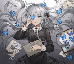 Rule 34 | 1girl, black dress, black shirt, blue butterfly, book, bug, butterfly, commentary, dated, dress, gompang, grey hair, highres, holding, holding book, insect, long hair, looking at viewer, lying, magnifying glass, mole, mole under eye, on back, on ground, original, shirt, solo, very long hair