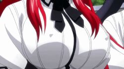 2girls animated animated_gif anime_screenshot black_hair bouncing_breasts breast_focus breasts covered_erect_nipples high_school_dxd himejima_akeno huge_breasts multiple_girls red_hair rias_gremory school_uniform walking