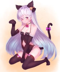 Rule 34 | 1girl, animal hands, arm support, bad id, bad pixiv id, bare shoulders, bell, black gloves, black thighhighs, cat girl, cat tail, clothing cutout, collarbone, elbow gloves, eyelashes, frilled gloves, frilled leotard, frills, full body, gloves, hair over one eye, halterneck, highres, jingle bell, king&#039;s raid, kittysuit, kneeling, lavril (king&#039;s raid), leotard, long hair, looking at viewer, navel, navel cutout, neck bell, nontraditional playboy bunny, paw gloves, paw pose, purple eyes, ribbon, side cutout, silver hair, solo, tail, tail ornament, tail ribbon, thighhighs, very long hair, yu mochi (kamiinu)