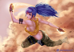 Rule 34 | 1girl, ass, bare shoulders, belt, blue eyes, blue hair, breasts, camouflage, camouflage pants, closed mouth, crop top, dog tags, earrings, explosion, gloves, jewelry, large breasts, leona heidern, long hair, military, pants, ponytail, raphire, sideboob, sleeveless, solo, sports bra, tank top, the king of fighters, the king of fighters xiv, the king of fighters xv, triangle earrings, yellow tank top
