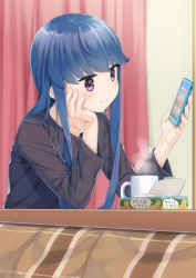 Rule 34 | 1girl, :t, black shirt, blue hair, blurry, blurry background, blush, cellphone, closed mouth, collarbone, commentary request, cup, curtains, depth of field, fingernails, head in hand, head rest, holding, holding phone, indoors, kotatsu, long hair, long sleeves, looking at phone, looking away, miri (ago550421), mug, nail polish, phone, pink nails, purple eyes, shima rin, shirt, smile, solo, table, tissue box, yurucamp