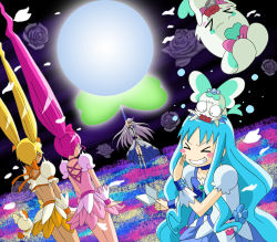 Rule 34 | &gt; &lt;, 10s, 4girls, angry, arm up, blonde hair, blue hair, blue skirt, blush stickers, boots, bow, brooch, chypre (heartcatch precure!), closed eyes, coffret (heartcatch precure!), cure blossom, cure marine, cure moonlight, cure sunshine, energy ball, flower, fourth wall, fuchi (nightmare), grin, hanasaki tsubomi, heart, heart brooch, heartcatch precure!, jewelry, knee boots, kurumi erika, long hair, multiple girls, myoudouin itsuki, notebook, orange bow, panicking, pink hair, ponytail, potpourri (heartcatch precure!), precure, purple hair, rose, scared, shaded face, skirt, smile, smirk, tsukikage yuri, twintails
