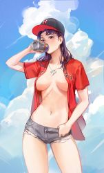 Rule 34 | absurdres, baseball cap, beer can, blue sky, breasts, can, cleavage, cloud, cowboy shot, denim, denim shorts, drink can, drinking, female focus, hat, highres, holding, holding can, jewelry, katsuragi misato, limart, long hair, medium breasts, navel, necklace, neon genesis evangelion, no bra, open clothes, open shirt, parted bangs, purple hair, red eyes, red shirt, scar, scar on stomach, shirt, short shorts, short sleeves, shorts, sky
