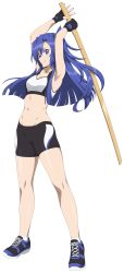 Rule 34 | 1girl, absurdres, arms up, bike shorts, black gloves, black shorts, black sports bra, blue hair, blunt ends, breasts, chuunioniika, cleavage, commentary, english commentary, fingerless gloves, full body, gloves, highres, holding, holding sword, holding weapon, kazanari tsubasa, long hair, looking at viewer, looking to the side, midriff, nail polish, navel, purple eyes, senki zesshou symphogear, shoes, shorts, side ponytail, small breasts, smile, sneakers, solo, sports bra, sword, transparent background, weapon, white sports bra, wooden sword