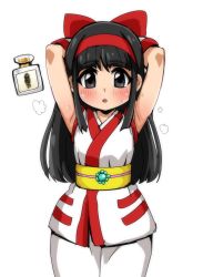 Rule 34 | 1girl, ainu clothes, armpits, arms behind head, arms up, artist request, black hair, blush, bottle, breasts, grey eyes, highres, long hair, looking at viewer, nakoruru, open mouth, perfume bottle, petite, samurai spirits, small breasts, smell, snk, sweat, yuuya (blue scarab)