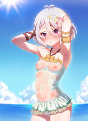 Rule 34 | 1girl, :o, absurdres, antenna hair, armlet, armpits, arms behind head, arms up, blue sky, blush, breasts, casual one-piece swimsuit, cloud, cowboy shot, day, eyes visible through hair, flower, grey hair, hair between eyes, hair flower, hair ornament, halterneck, highres, horizon, jewelry, kokkoro (princess connect!), kokkoro (summer) (princess connect!), looking at viewer, mumistar, navel, nipples, one-piece swimsuit, open mouth, outdoors, pink flower, pointy ears, princess connect!, purple eyes, see-through, short hair, sky, small breasts, solo, sun, swimsuit, swimsuit skirt, water, water drop, wet, wet clothes, wet swimsuit, white flower, white one-piece swimsuit