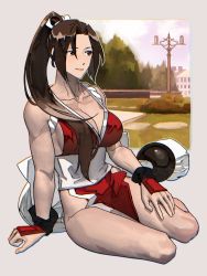 Rule 34 | 1girl, alt text, bare shoulders, breasts, brown eyes, brown hair, cleavage, closed mouth, commentary, english commentary, fatal fury, full body, hand fan, hand on own thigh, high ponytail, highres, japanese clothes, kneeling, large breasts, long hair, ninja, pelvic curtain, ponytail, revealing clothes, shiranui mai, sideboob, smile, solo, syachiiro, the king of fighters, thighs