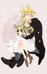 Rule 34 | 1990s (style), 1boy, 1girl, blonde hair, blue eyes, blush, boots, cloud strife, coat, couple, dissidia final fantasy, dress, earrings, final fantasy, final fantasy vi, final fantasy vii, high heels, jewelry, kai (pixiv376689), long hair, retro artstyle, scarf, shoes, short hair, spiked hair, tina branford, trench coat