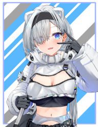 Rule 34 | 1girl, :3, :d, absurdres, animal ears, arknights, aurora (arknights), bear ears, black gloves, black hairband, black shirt, blue eyes, blush, breasts, cleavage, cleavage cutout, clothing cutout, commentary request, crop top, cropped jacket, eyes visible through hair, fang, gloves, hair over one eye, hairband, hand up, highres, jacket, kebol, long hair, long sleeves, looking at viewer, midriff, navel, open mouth, partial commentary, shirt, silver hair, smile, solo, stomach, upper body, v, very long hair, white jacket