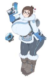Rule 34 | 1girl, black eyes, black hair, blue gloves, boots, breasts, dockra, female focus, full body, fur trim, glasses, gloves, gun, holding, holding gun, holding weapon, huge breasts, mei (overwatch), one eye closed, overwatch, shiny clothes, short hair, skin tight, smile, solo, sweater, taut clothes, thick thighs, thighs, weapon, white background, wide hips, wink