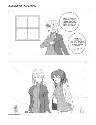 Rule 34 | 10s, 2girls, 2koma, :d, ^ ^, absurdres, alternate costume, bag, bare shoulders, breasts, cameo, casual, closed eyes, coat, comic, commentary, contemporary, english text, closed eyes, greyscale, handbag, highres, iowa (kancolle), kantai collection, kashima (kancolle), meme attire, monochrome, monochrome, multiple girls, open mouth, ponytail, revision, ribbed sweater, robba-san (wangphing), saratoga (kancolle), sideboob, smile, snowing, sweater, turtleneck, turtleneck sweater, twitter username, virgin killer sweater, wangphing, window, winter clothes, winter coat