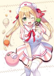 Rule 34 | 1girl, ;d, animal, apron, bad id, bad pixiv id, blonde hair, blush, bun cover, commentary request, double bun, dress, food, green eyes, hair between eyes, hair bun, hand on own knee, head tilt, holding, holding food, ice cream, ice cream cone, ice cream cup, long hair, one eye closed, open mouth, original, pig, puffy short sleeves, puffy sleeves, short sleeves, side bun, smile, solo, striped clothes, striped dress, sumisaki yuzuna, thighhighs, triple scoop, twintails, vertical-striped clothes, vertical-striped dress, very long hair, white apron, white thighhighs