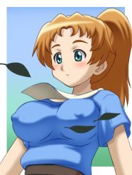 Rule 34 | 1girl, awa, belt, blue eyes, blush, breasts, cloud, covered erect nipples, day, embarrassed, frown, grass, impossible clothes, large breasts, leaf, long hair, orange hair, ponytail, sky, solo