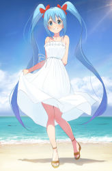 Rule 34 | 1girl, arm behind back, beach, blue eyes, blue hair, blue nails, blue sky, cloud, commentary request, day, domo1220, dress, frilled dress, frills, full body, hair between eyes, hair ribbon, hatsune miku, long hair, looking at viewer, nail polish, ocean, outdoors, parted lips, red ribbon, ribbon, shadow, skirt hold, sky, solo, standing, sundress, sunlight, toenail polish, toenails, twintails, very long hair, vocaloid, water, white dress, wind