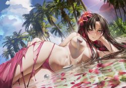 Rule 34 | 1girl, bare shoulders, beach, bikini, black hair, blush, bracelet, braid, breasts, chest tattoo, cleavage, duplicate, facial mark, fate/grand order, fate (series), flower, forehead mark, hair flower, hair ornament, hand on own hip, jewelry, large breasts, licking lips, long hair, looking at viewer, lying, multicolored hair, nanaken nana, navel, necklace, on side, palm tree, parted bangs, pearl bracelet, pearl necklace, pink bikini, pink hair, sarong, sessyoin kiara, sessyoin kiara (swimsuit mooncancer), sessyoin kiara (swimsuit mooncancer) (first ascension), shell, shell necklace, shore, smile, solo, streaked hair, swimsuit, tattoo, thighs, tongue, tongue out, tree, twin braids, very long hair, water, wet, yellow eyes