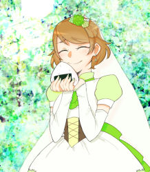 Rule 34 | 1girl, apron, artist name, artist request, blush, bridal veil, brown hair, collared dress, dress, earrings, elbow gloves, closed eyes, female focus, flower, food, frilled shirt, frills, gloves, green dress, green flower, hair between eyes, hair flower, hair ornament, holding, holding food, jewelry, koizumi hanayo, love live!, love live! school idol festival, love live! school idol project, onigiri, puffy short sleeves, puffy sleeves, shirt, short hair, short sleeves, smile, solo, veil, white apron