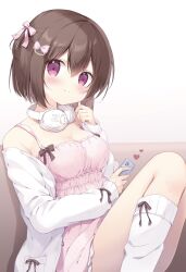 Rule 34 | 1girl, blush, bow, breasts, brown hair, cellphone, cleavage, closed mouth, commentary request, dress, feet out of frame, gradient background, grey background, hair between eyes, hair bow, hand up, headphones, headphones around neck, heart, highres, holding, holding phone, jacket, knees up, long sleeves, looking at viewer, loose socks, medium breasts, miyasaka naco, off shoulder, open clothes, open jacket, original, phone, pink bow, pink dress, polka dot, polka dot dress, puffy long sleeves, puffy sleeves, purple eyes, short hair, single loose sock, sitting, sleeveless, sleeveless dress, smile, socks, solo, white background, white jacket, white socks