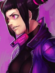 Rule 34 | &gt;:), 1girl, black hair, black shirt, breasts, capcom, drill hair, from side, han juri, hungry clicker, jacket, pink eyes, shirt, simple background, smirk, solo, street fighter, street fighter v, teeth, twin drills, upper body, v-shaped eyebrows