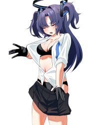 Rule 34 | 1girl, :o, absurdres, black bra, black gloves, black panties, black skirt, blue archive, blue necktie, blush, bra, breasts, cleavage, closed eyes, commentary request, ert raitsui, gloves, hair ornament, halo, highres, long hair, medium breasts, necktie, open clothes, open mouth, open shirt, panties, pleated skirt, purple hair, shirt, simple background, skirt, solo, sweat, two side up, underwear, undone necktie, undressing, white background, white shirt, yuuka (blue archive)