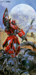 Rule 34 | 1980s (style), after battle, blue sky, castle, commentary, corpse, destruction, english commentary, fantasy, galient, highres, kikou-kai galient, looking at viewer, magazine scan, mecha, moon, no humans, official art, oldschool, painting (medium), promotional art, realistic, retro artstyle, robot, scan, science fiction, severed head, shield, sky, super robot, sword, takani yoshiyuki, traditional media, victory, weapon, wreckage