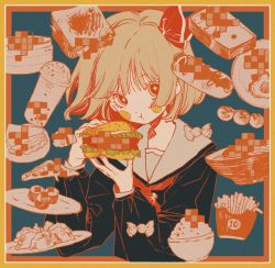 Rule 34 | + +, 1girl, bad food, black eyes, black shirt, blonde hair, blush stickers, border, bowl, bright pupils, burger, cake, cake slice, candy, censored, chewing, chinese commentary, commentary, eating, fingernails, food, french fries, fried egg, hair ribbon, hands up, highres, holding, holding food, hot dog, long sleeves, mosaic censoring, neckerchief, pizza, pizza slice, plate, red neckerchief, red ribbon, ribbon, rice bowl, rumia, sandwich, shirt, short hair, solo, sushi, touhou, upper body, yellow border, zhixie jiaobu
