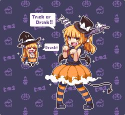 Rule 34 | 2girls, :d, = =, belt, black shirt, blonde hair, blunt bangs, brown eyes, bubble skirt, commentary request, demon tail, dual persona, english text, fang, full body, ghost pose, hat, horns, ibuki suika, kumamoto (bbtonhk2), long hair, looking at viewer, lowres, mini person, minigirl, multiple girls, open mouth, orange skirt, outline, pantyhose, pigeon-toed, pixel art, ponytail, pumpkin skirt, shirt, short sleeves, skirt, smile, sparkle, speech bubble, striped clothes, striped legwear, striped pantyhose, tail, tilted headwear, top hat, touhou, trick or treat, white outline, wings, witch hat