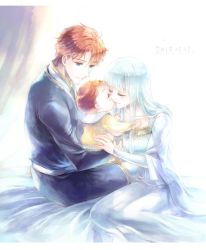 Rule 34 | 1girl, 2boys, baby, bare shoulders, blue hair, carrying, child carry, dress, eliwood (fire emblem), closed eyes, father and son, fire emblem, fire emblem: the binding blade, fire emblem: the blazing blade, fire emblem heroes, gloves, hair ornament, kuzumosu, long hair, mother and son, multiple boys, ninian, nintendo, open mouth, red hair, roy (fire emblem), short hair, smile, aged down